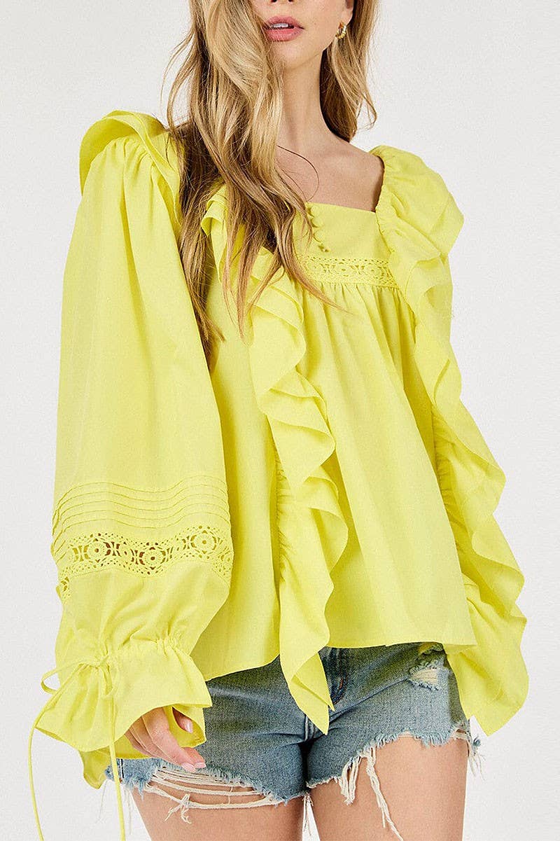 LONG SLEEVE SQUARE NECK RUFFLE BLOUSE