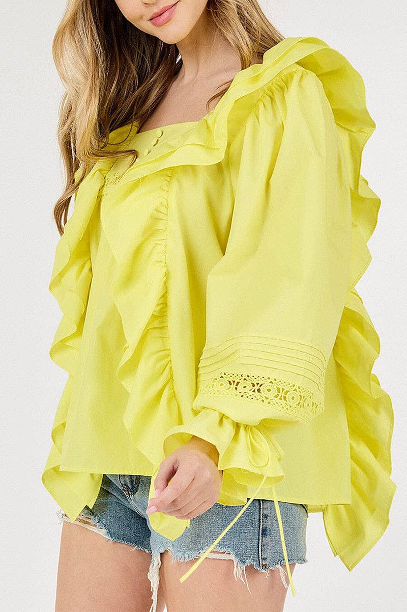 LONG SLEEVE SQUARE NECK RUFFLE BLOUSE
