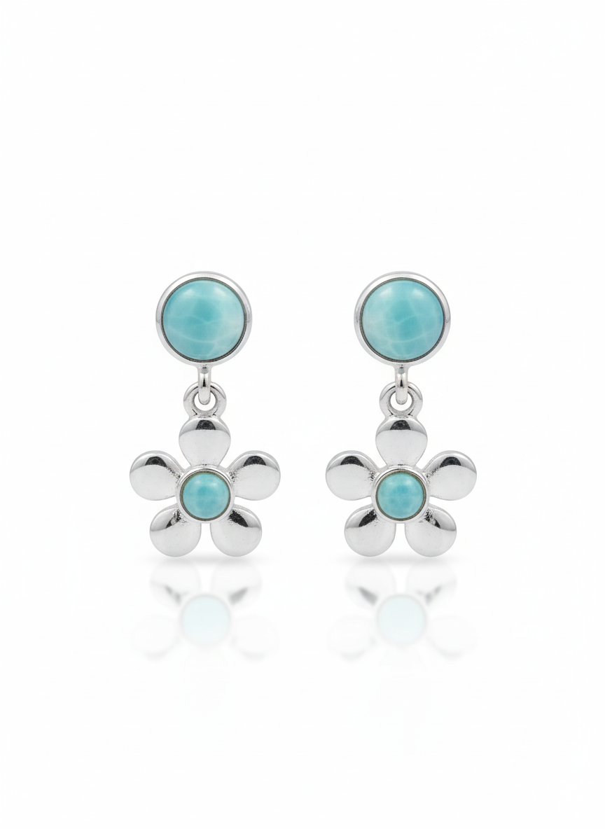 Larimar Flower Drop Earrings in 925 Sterling Silver