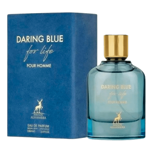 Daring Blue for Life Pour Homme perfume bottle and packaging on a white background