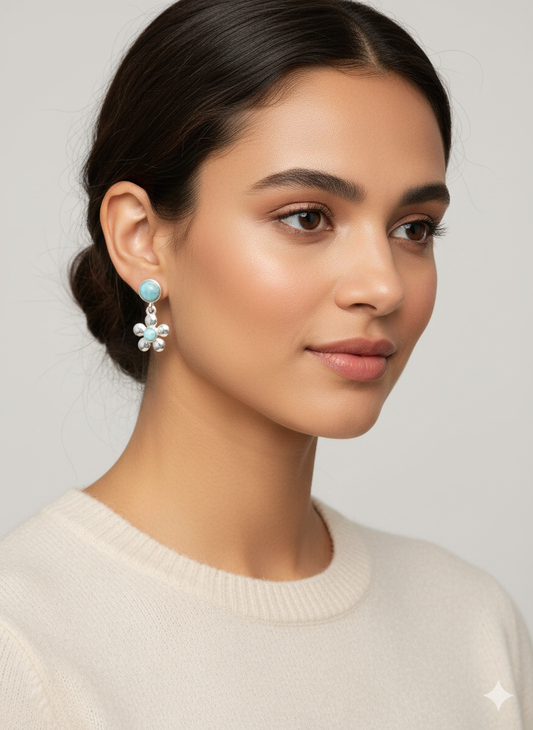 Larimar Flower Drop Earrings in 925 Sterling Silver